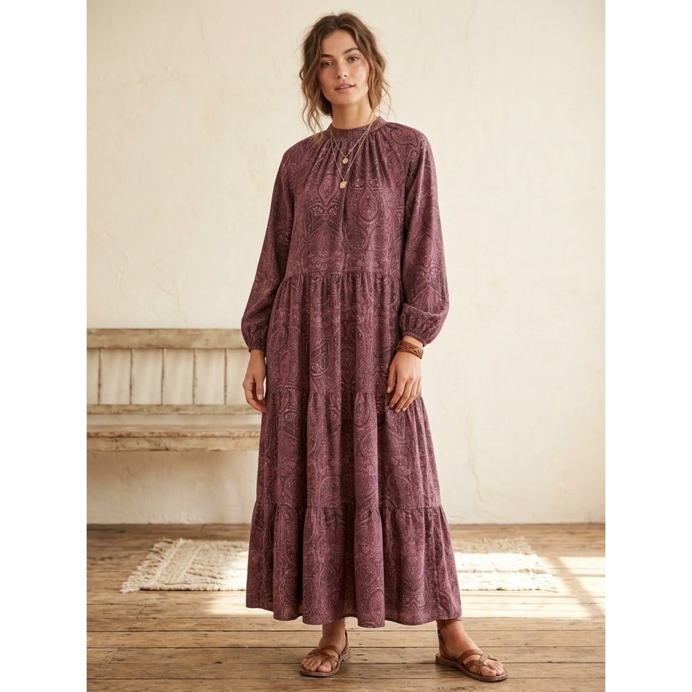 a new day Purple Paisley Tiered High Neck Maxi Dress M Boho Romantic Prairie